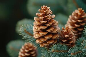 Pine cones hanging from a pine tree branch photo