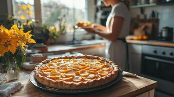 Freshly baked peach pie cooling on kitchen counter with baker in background photo
