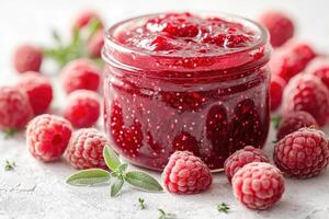 Raspberry jam with fresh raspberries and rosemary sprigs on white rustic table photo