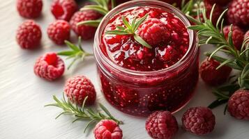Raspberry jam with fresh raspberries and rosemary sprigs on white rustic table photo