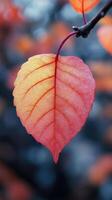Orange leaf covered in dew drops holding on to branch in autumn photo