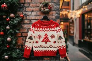 Baby christmas sweater waiting on a wooden table with christmas tree lights in background photo