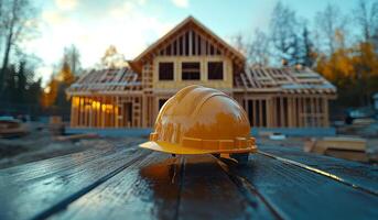 A construction worker's hard hat is on a table next to a house under construction. Scene is that of a busy construction site, with the worker's hard hat symbolizing the importance of safety on the job photo