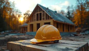 A yellow hard hat is on a table next to a house under construction. Concept of hard work and progress, as the construction site is in the process of being built photo