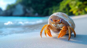 A crab is sitting in a shell on a beach. The shell is open, and the crab is looking out of it. The scene is peaceful and serene, with the ocean in the background photo