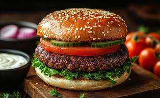 A hamburger with a slice of tomato and cucumber on top. The bun is brown and has sesame seeds. The burger is sitting on a wooden table with a bowl of condiments nearby photo