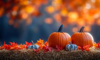 Two pumpkins are on a hay bale with leaves and other pumpkins. Scene is warm and festive, as it is a representation of the fall season. Halloween photo