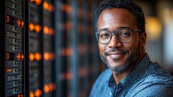A man with glasses is smiling in front of a row of computer servers. The servers are lit up, giving the impression of a busy and active workspace. The man's smile suggests that he is happy photo