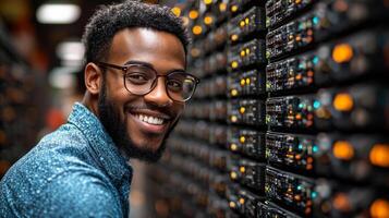 A man with glasses is smiling at the camera in front of a row of computer servers. The servers are lit up, giving the impression of a busy and active workspace photo