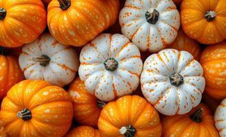 A bunch of orange and white pumpkins are piled on top of each other. The orange and white colors create a warm and inviting mood. Halloween photo