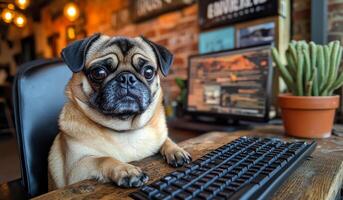 A small dog is sitting in front of a computer keyboard. The dog appears to be looking at the camera with a curious expression. The scene suggests a playful and lighthearted atmosphere photo