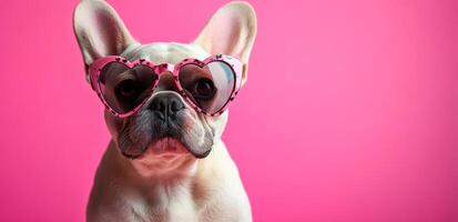 A dog wearing pink sunglasses with hearts on them. The dog is looking at the camera. The image has a playful and cute mood photo