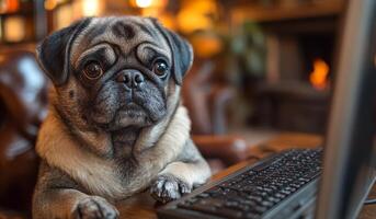 A small dog is sitting on a couch in front of a computer keyboard. The dog appears to be staring at the camera with a curious expression. Concept of curiosity and playfulness photo