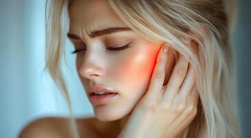A woman with red eyes and a red mark on her face. The woman suffers from pain photo