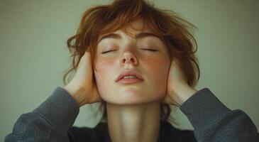 A woman with red hair is wearing a gray sweater and is wearing headphones. She is looking away from the camera photo