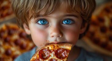 A young boy is eating a slice of pepperoni pizza. The pizza is on a table and there are several other pizzas in the background photo