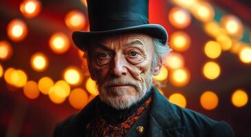 A man in a top hat and a black coat is standing in front of a red background. The man has a serious expression on his face. Sprechstallmeister. Circus host photo