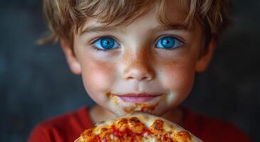 A young boy is holding a slice of pizza with tomato sauce on it. He has a big smile on his face and his eyes are wide open photo