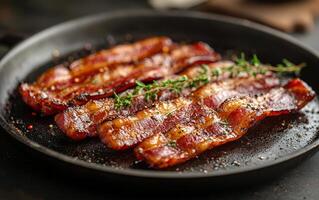 Three strips of bacon are on a black plate. The bacon is cooked and has a crispy texture. There is a sprinkle of salt and pepper on top of the bacon photo