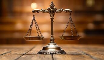 A gold scale with two chains hanging from it. The scale is on a wooden surface. Concept of balance and justice photo