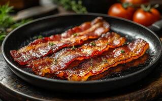 Three strips of bacon are cooked in a pan and are ready to be eaten. The bacon is crispy and has a savory flavor photo