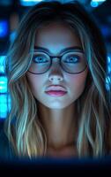 A woman with long blonde hair and glasses is staring at the camera. The image has a moody and mysterious feel to it, as if the woman is looking into a dark and unknown place photo