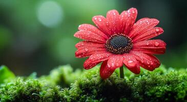 un rojo flor con Rocío gotas en eso es el principal atención de el imagen. el flor es rodeado por verde musgo, dando eso un natural y sereno apariencia foto