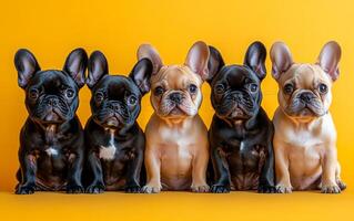 A group of five puppies are sitting in a row on a yellow background. The puppies are of different colors, including black, brown, and white. Concept of warmth and companionship photo