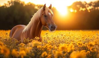 A brown horse is laying in a field of yellow flowers. The sun is shining brightly, casting a warm glow on the scene. The horse appears to be enjoying the peaceful and serene atmosphere of the field photo
