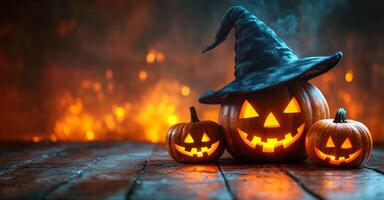 Three pumpkins with a witch's hat on top of them. The scene is set in a dark, spooky atmosphere. Halloween photo