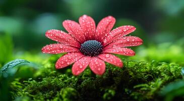 A red flower with dew drops on it is the main focus of the image. The flower is surrounded by green moss, giving it a natural and serene appearance photo