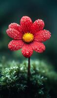 A red flower with dew drops on it. The flower is the main focus of the image photo