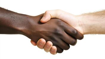 Two hands shaking hands on a white background. Concept of unity and peace between people of different races photo