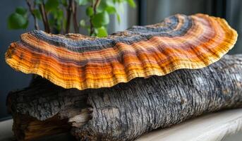 A large orange mushroom is sitting on a log. The mushroom is surrounded by a green plant. The scene is peaceful and serene, with the mushroom and plant creating a natural and calming atmosphere photo