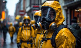 A group of people in yellow protective gear stand on a wet street. The scene is somewhat ominous, as the people are wearing masks and appear to be in a hazardous situation photo