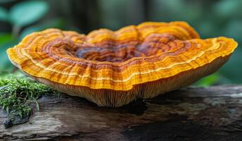 A large mushroom with a brown and orange cap sits on a log. The mushroom is surrounded by moss and he is growing on a tree photo