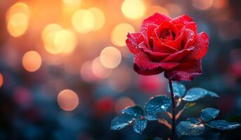 A red rose is the main focus of the image, with a blurry background and a blue sky. The rose is surrounded by a few other flowers, but it stands out as the most prominent and beautiful one photo
