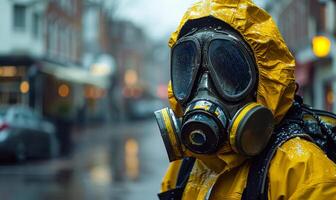A person in a yellow hazmat suit is standing in the rain. The person is wearing a gas mask and a yellow raincoat. The scene is set in a city with a few cars and a truck in the background photo