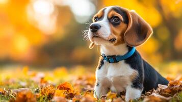 A cute beagle dog is laying on the ground in a field of autumn leaves. The dog is wearing a blue collar and has a curious expression on its face. The scene is peaceful and serene photo