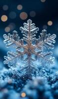 A snowflake is sitting on a blue surface. The snowflake is made of ice and is very clear photo