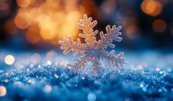 A snowflake is sitting on top of the snow. The snowflake is surrounded by a blue and orange background photo