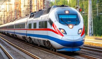A train is traveling down the tracks with a red stripe on the side. The train is long and sleek, and it is moving quickly. Concept of speed and efficiency photo