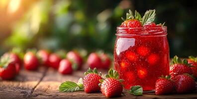 A jar of red strawberry jam is on a wooden table. The jar is filled with red strawberries and a few green leaves photo