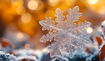 A snowflake is sitting on a snowy surface. The snowflake is surrounded by a blurry background, which gives the image a dreamy and ethereal quality. The snowflake is the main focus of the image photo