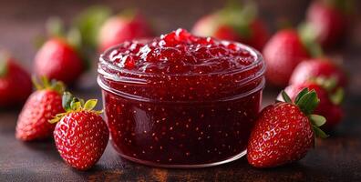 A jar of strawberry jam is sitting on a table with a bunch of strawberries. The jar is half full and the strawberries are scattered around it. Concept of freshness and abundance, as the jar of jam photo