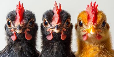 Three chicks with different colored heads are standing next to each other. The black chick is looking at the camera, while the other two chicks are looking away photo
