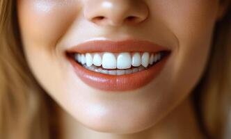 A woman with a big smile on her face. Her teeth are white and she has a red lip photo