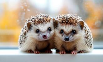 Two baby hedgehogs are standing next to each other. They are both looking at the camera photo