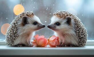 Two baby hedgehogs are sitting next to each other and holding a pink flower in their mouths photo