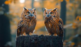 Two owls sitting on a log in a forest. The owls are looking at the camera photo